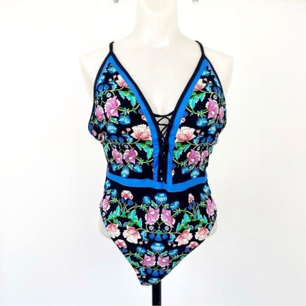 Nanette Lepore Damask Floral Print Goddess 1 Piece Mio Swimsuit Size Large - Picture 2 of 10